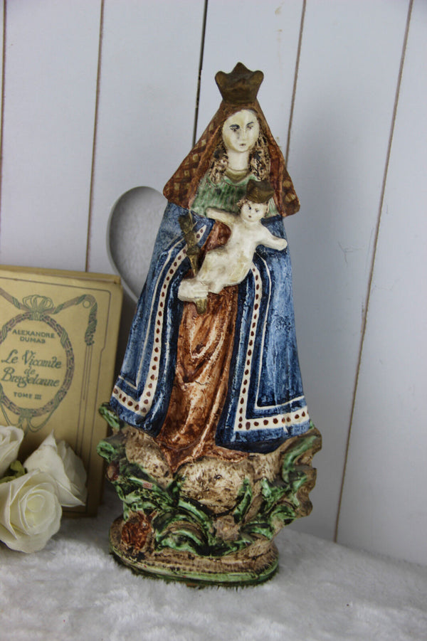 RARE Belgian Terracotta Antique 19thc polychrome MAdonna child figurine church