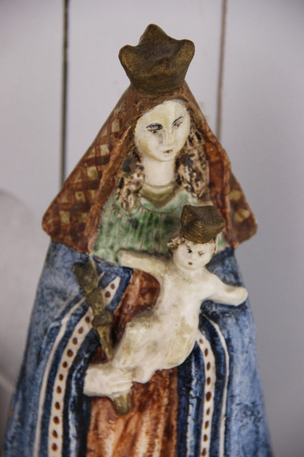 RARE Belgian Terracotta Antique 19thc polychrome MAdonna child figurine church