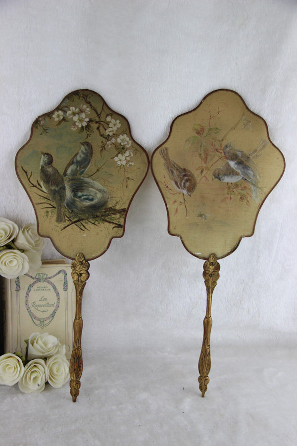 PAIR 19th c Antique French silk paint birds Fireplace screen face napoleon III