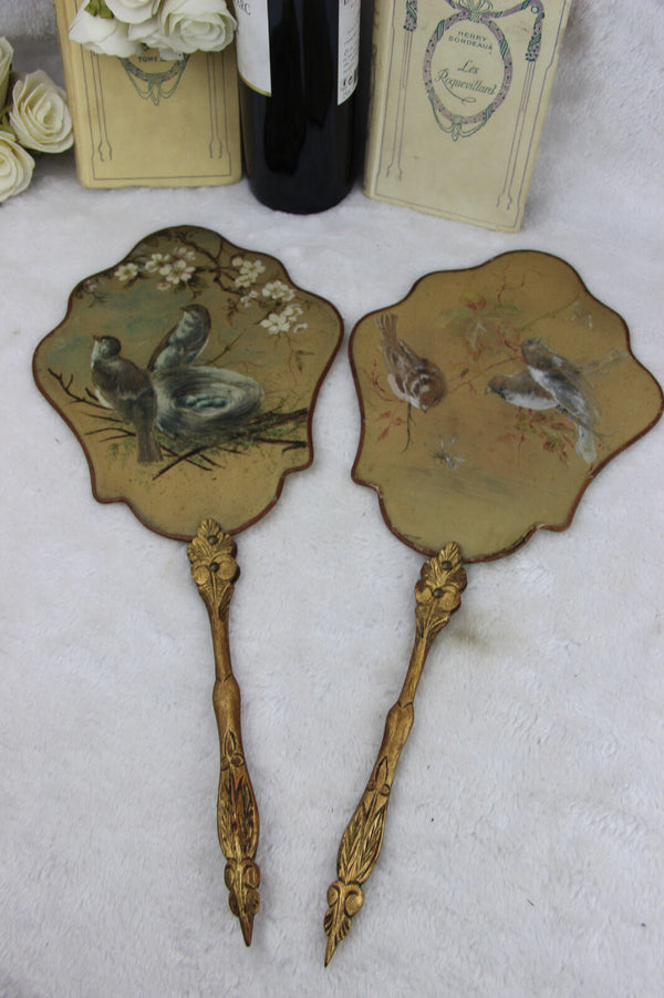 PAIR 19th c Antique French silk paint birds Fireplace screen face napoleon III