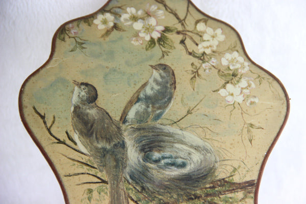 PAIR 19th c Antique French silk paint birds Fireplace screen face napoleon III