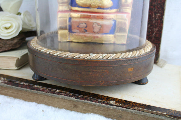 French rare polychrome 19thc Religious terracotta madonna statue glass dome