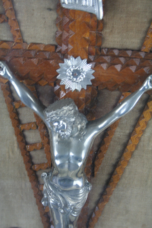 Large religious Crucifix tramp art wood carved Wall framed behind glass christ