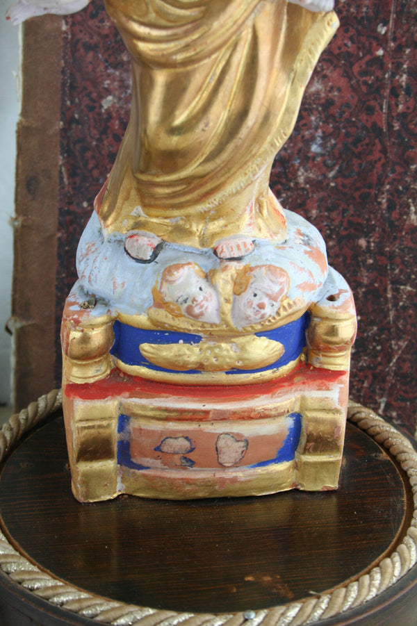 French rare polychrome 19thc Religious terracotta madonna statue glass dome