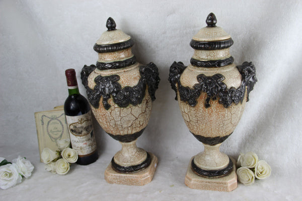 PAIR XL ceramic Faience craquele VASES satyr devil heads 1930 French