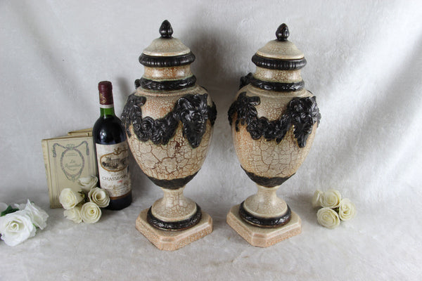 PAIR XL ceramic Faience craquele VASES satyr devil heads 1930 French