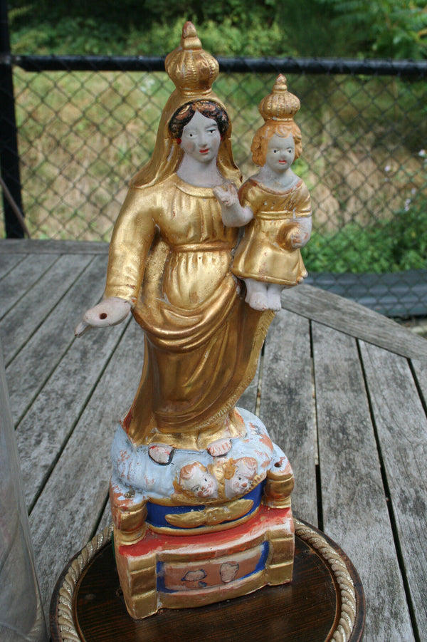 French rare polychrome 19thc Religious terracotta madonna statue glass dome
