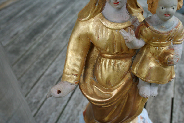 French rare polychrome 19thc Religious terracotta madonna statue glass dome