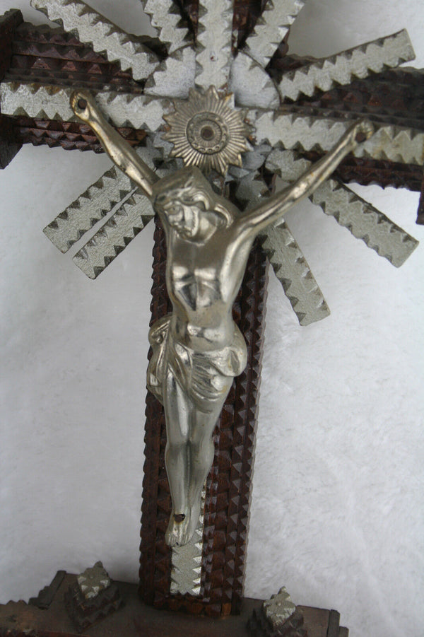 Flemish Tramp art handmade wood cigar box carved crucifix cross christ religious