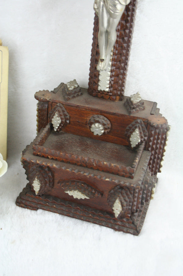 Flemish Tramp art handmade wood cigar box carved crucifix cross christ religious
