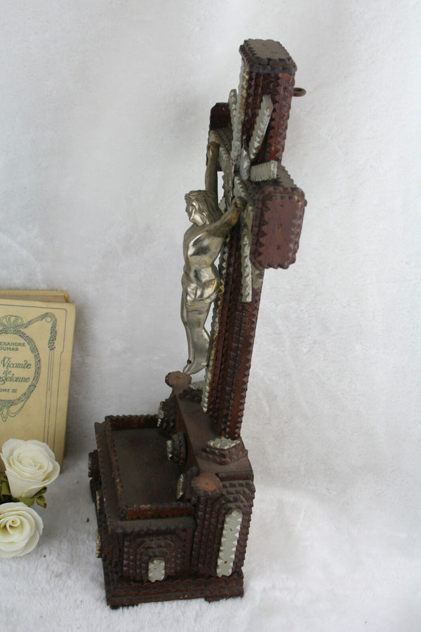 Flemish Tramp art handmade wood cigar box carved crucifix cross christ religious