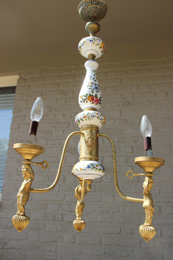 French Faience De lest Floral 3 arms metal putti figurines chandelier