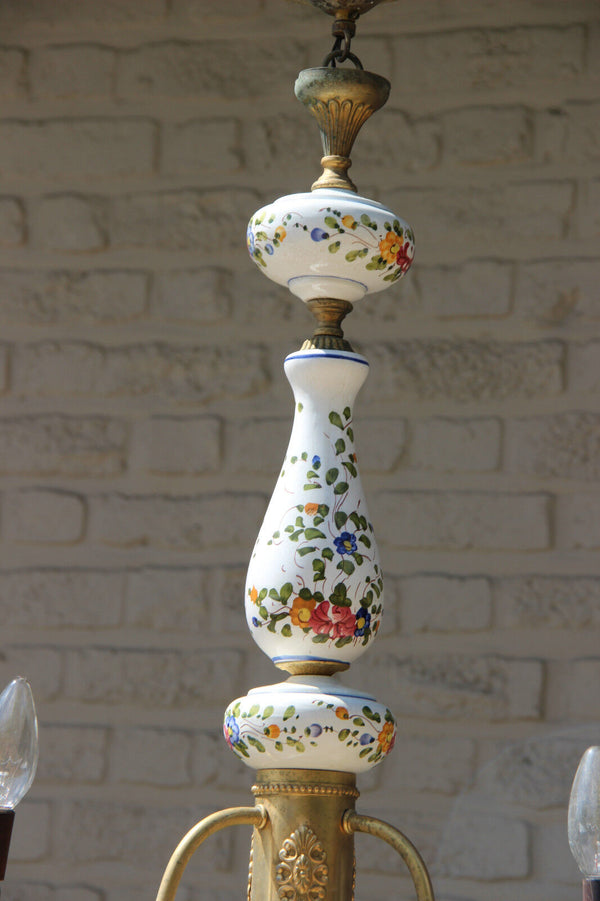 French Faience De lest Floral 3 arms metal putti figurines chandelier