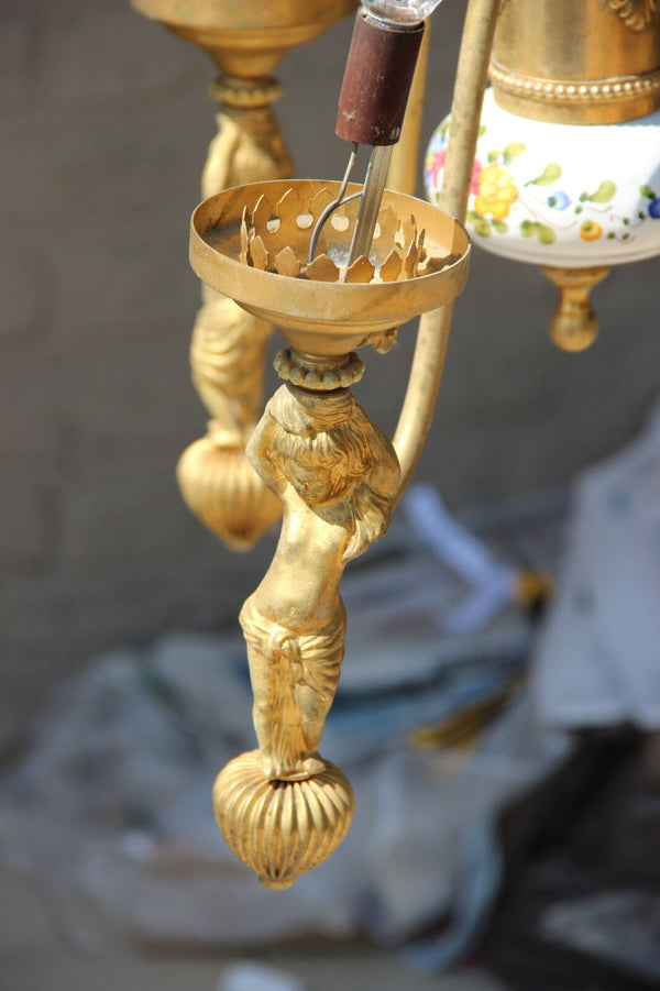 French Faience De lest Floral 3 arms metal putti figurines chandelier