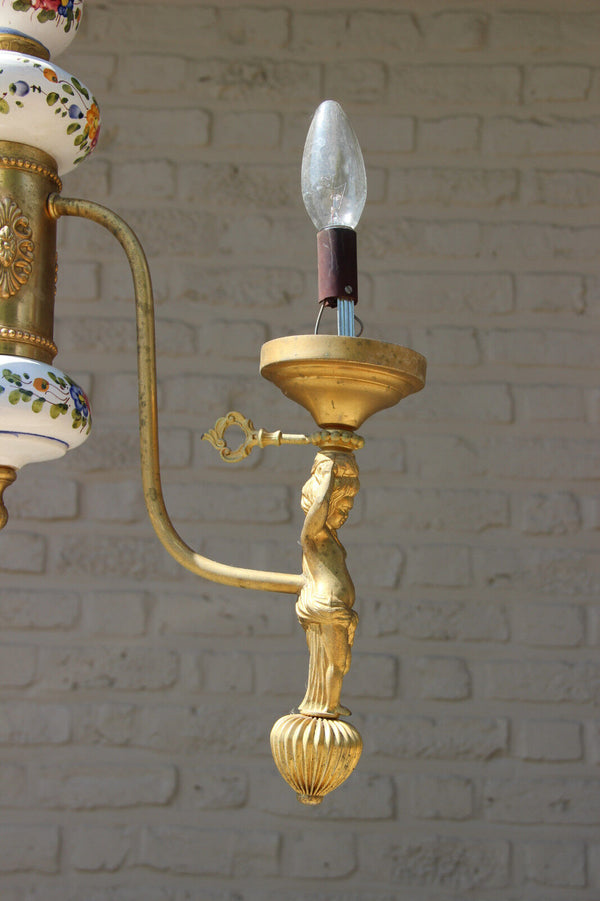 French Faience De lest Floral 3 arms metal putti figurines chandelier