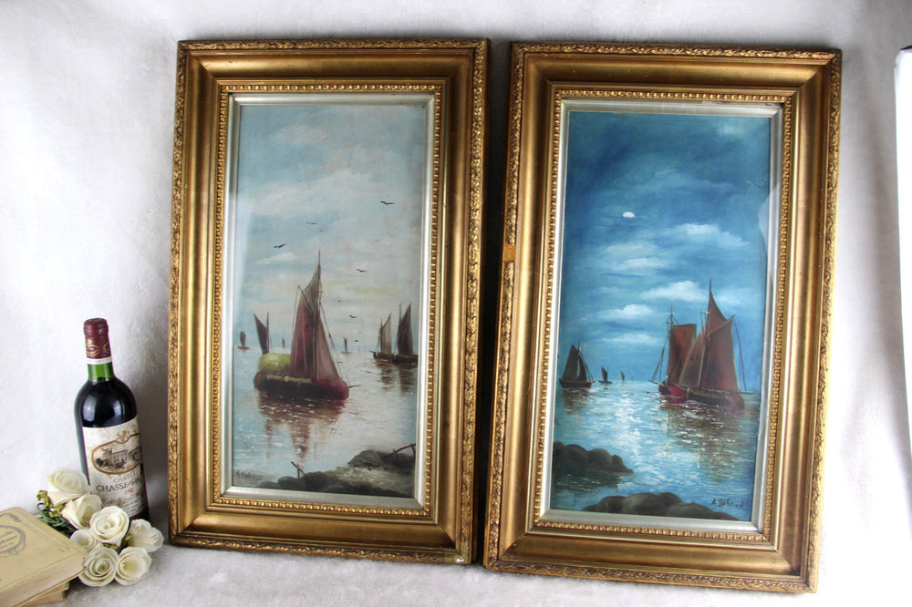 PAIR matching Oil cardboard Marine Boats Paintings signed nautical 1960's
