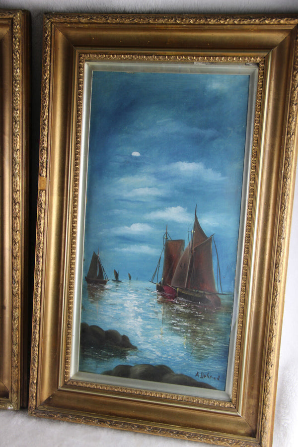 PAIR matching Oil cardboard Marine Boats Paintings signed nautical 1960's