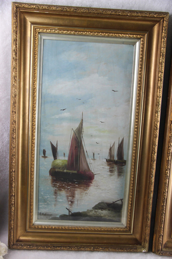 PAIR matching Oil cardboard Marine Boats Paintings signed nautical 1960's