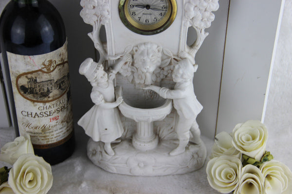 German Bisque porcelain Group fountain lion clock marked group