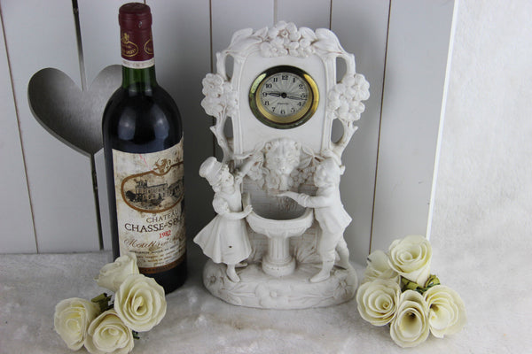 German Bisque porcelain Group fountain lion clock marked group