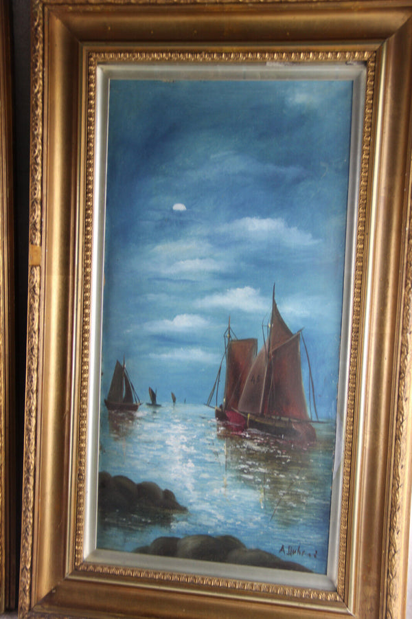 PAIR matching Oil cardboard Marine Boats Paintings signed nautical 1960's