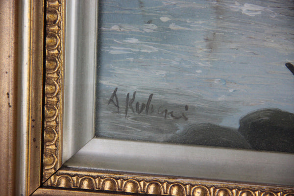 PAIR matching Oil cardboard Marine Boats Paintings signed nautical 1960's
