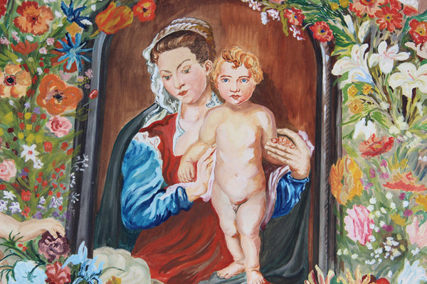 Gorgeous Flemish school Watercolour Gouache madonna putti painting signed 1935