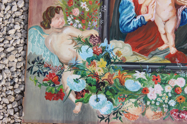 Gorgeous Flemish school Watercolour Gouache madonna putti painting signed 1935