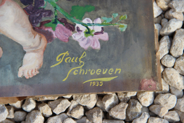 Gorgeous Flemish school Watercolour Gouache madonna putti painting signed 1935