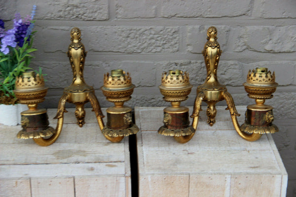 PAIR Vintage brass metal wall lights sconces double arm lion heads 1970