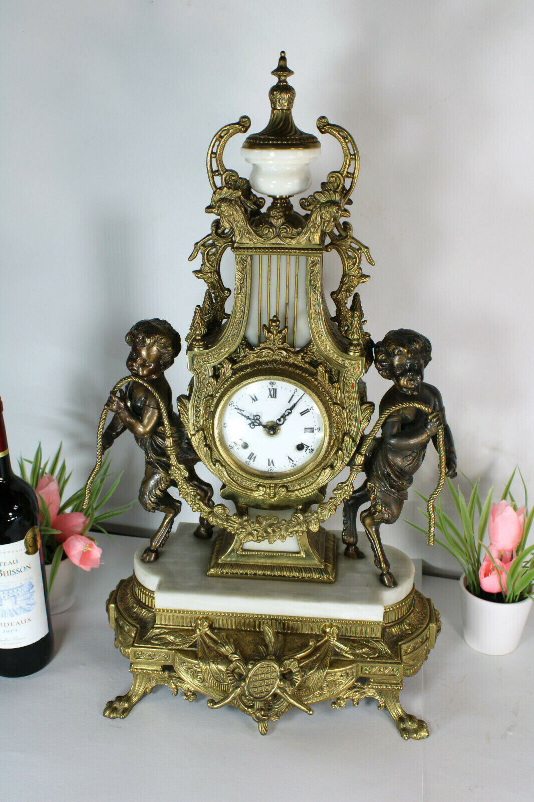 XL Bronze marble Faun putti cherub mantel clock