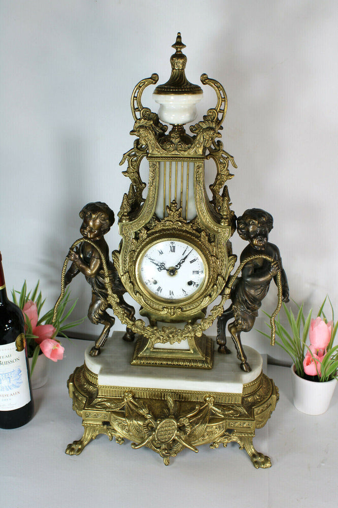 XL Bronze marble Faun putti cherub mantel clock