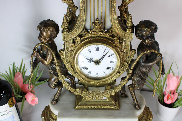 XL Bronze marble Faun putti cherub mantel clock