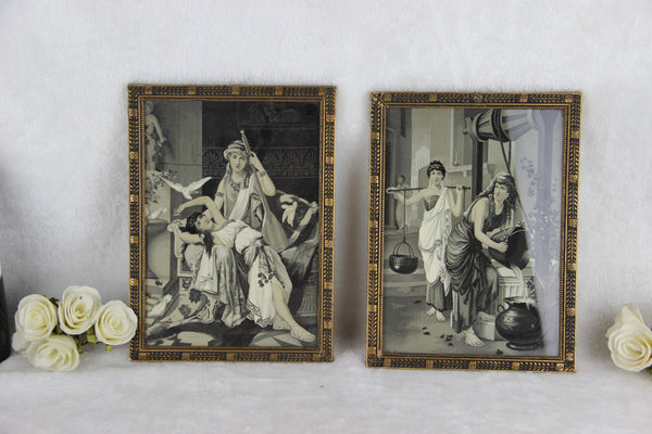 Antique PAIR Framed art deco Fine Art Tapestry oriental ladies Wall plaques
