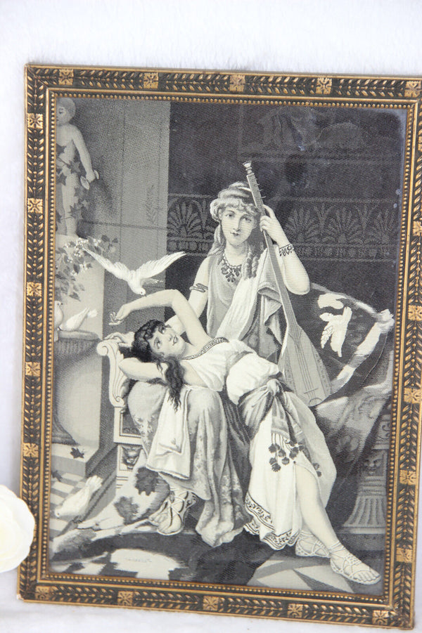 Antique PAIR Framed art deco Fine Art Tapestry oriental ladies Wall plaques