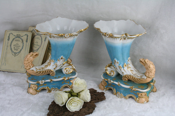 1880 Antique French PAIR Cornucopia horn dragon chimaera paris porcelain statue