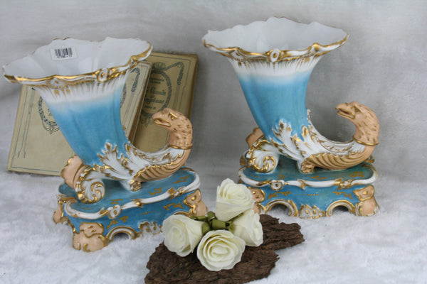 1880 Antique French PAIR Cornucopia horn dragon chimaera paris porcelain statue