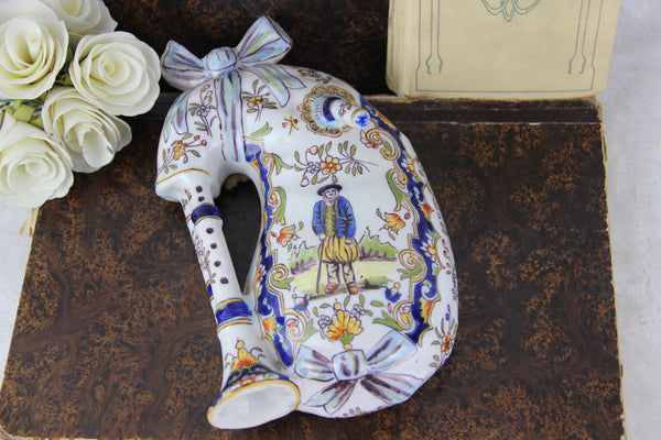 Gorgeous French faience pottery Bagpipe Wall Vase 1920 marked