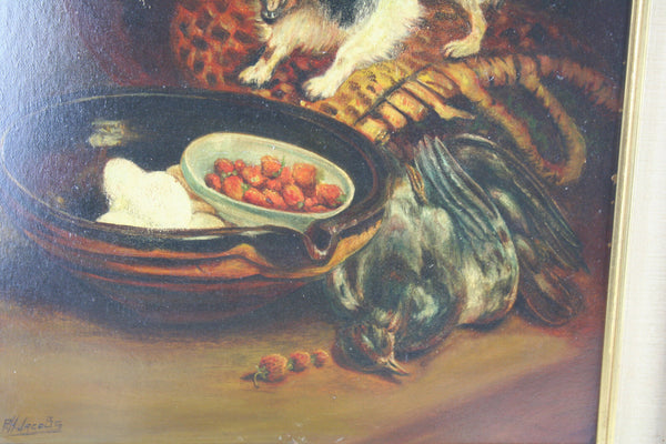 Dutch 60's Oil on cardboard painting dog still life signed