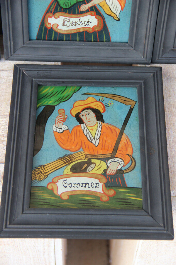 Set 4 German Eglomise reversed glass painting 4 seasons wood framed 1960