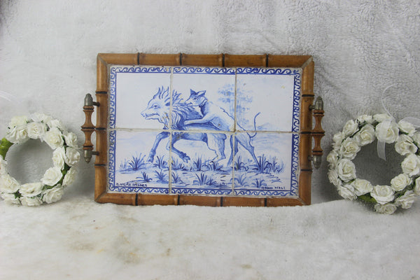 Antique Portugese Ceramic tiles serving tray plate hunting dog catching boar
