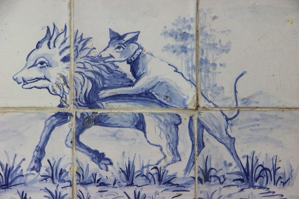 Antique Portugese Ceramic tiles serving tray plate hunting dog catching boar
