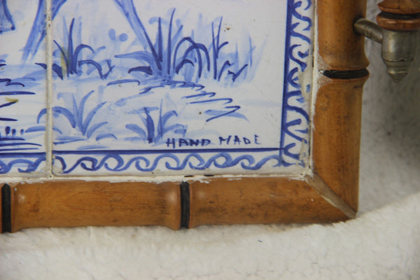 Antique Portugese Ceramic tiles serving tray plate hunting dog catching boar