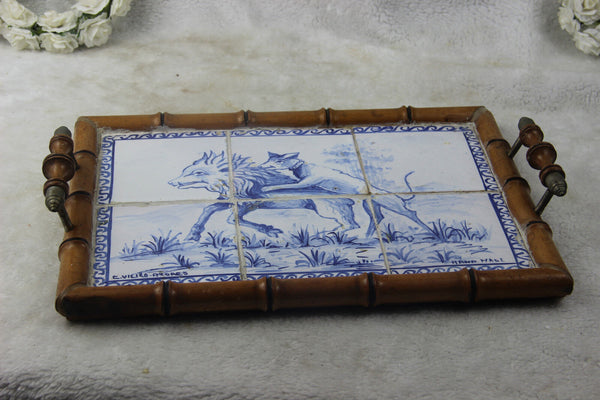 Antique Portugese Ceramic tiles serving tray plate hunting dog catching boar