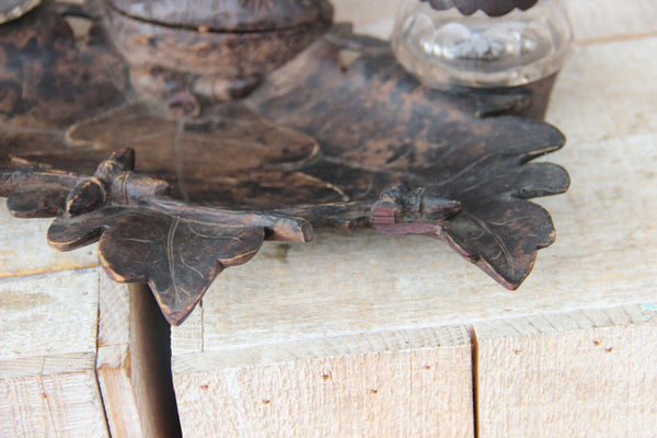 Antique black forest wood caved birds couple inkwell desk