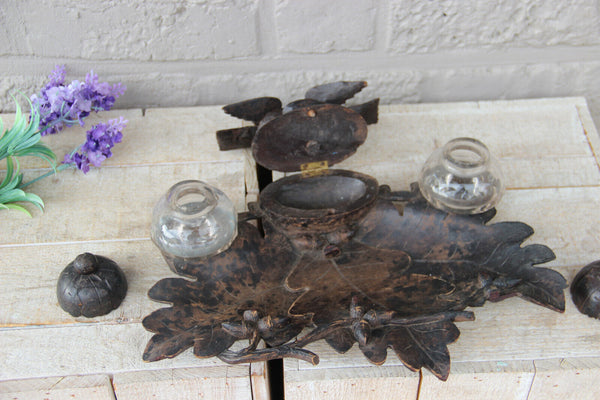 Antique black forest wood caved birds couple inkwell desk