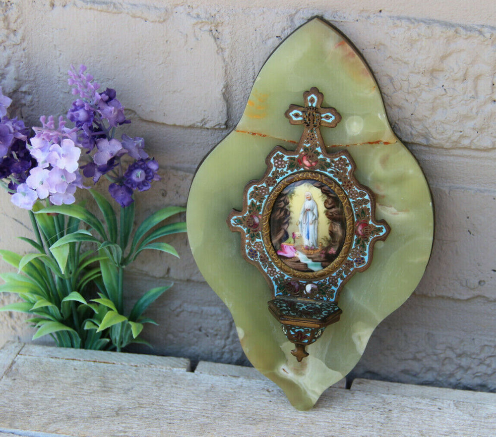 Antique onyx marble Cloisonne enamel Crucifix holy water font porcelain plaque
