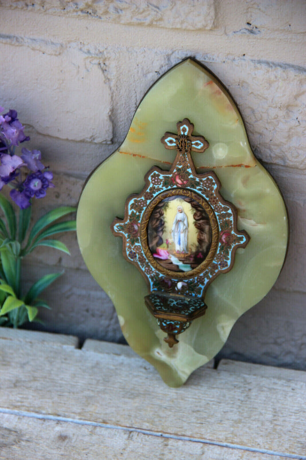 Antique onyx marble Cloisonne enamel Crucifix holy water font porcelain plaque
