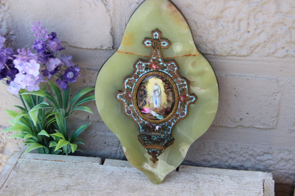 Antique onyx marble Cloisonne enamel Crucifix holy water font porcelain plaque
