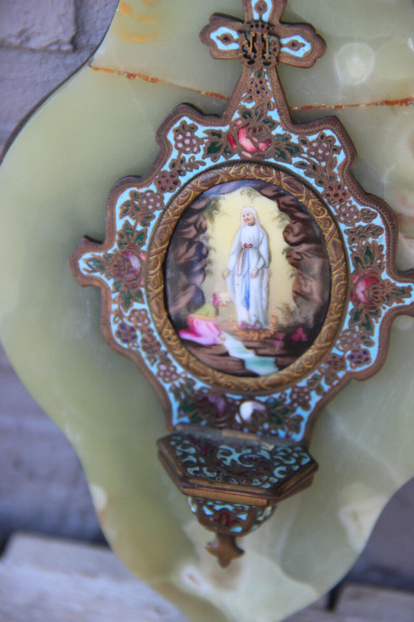 Antique onyx marble Cloisonne enamel Crucifix holy water font porcelain plaque